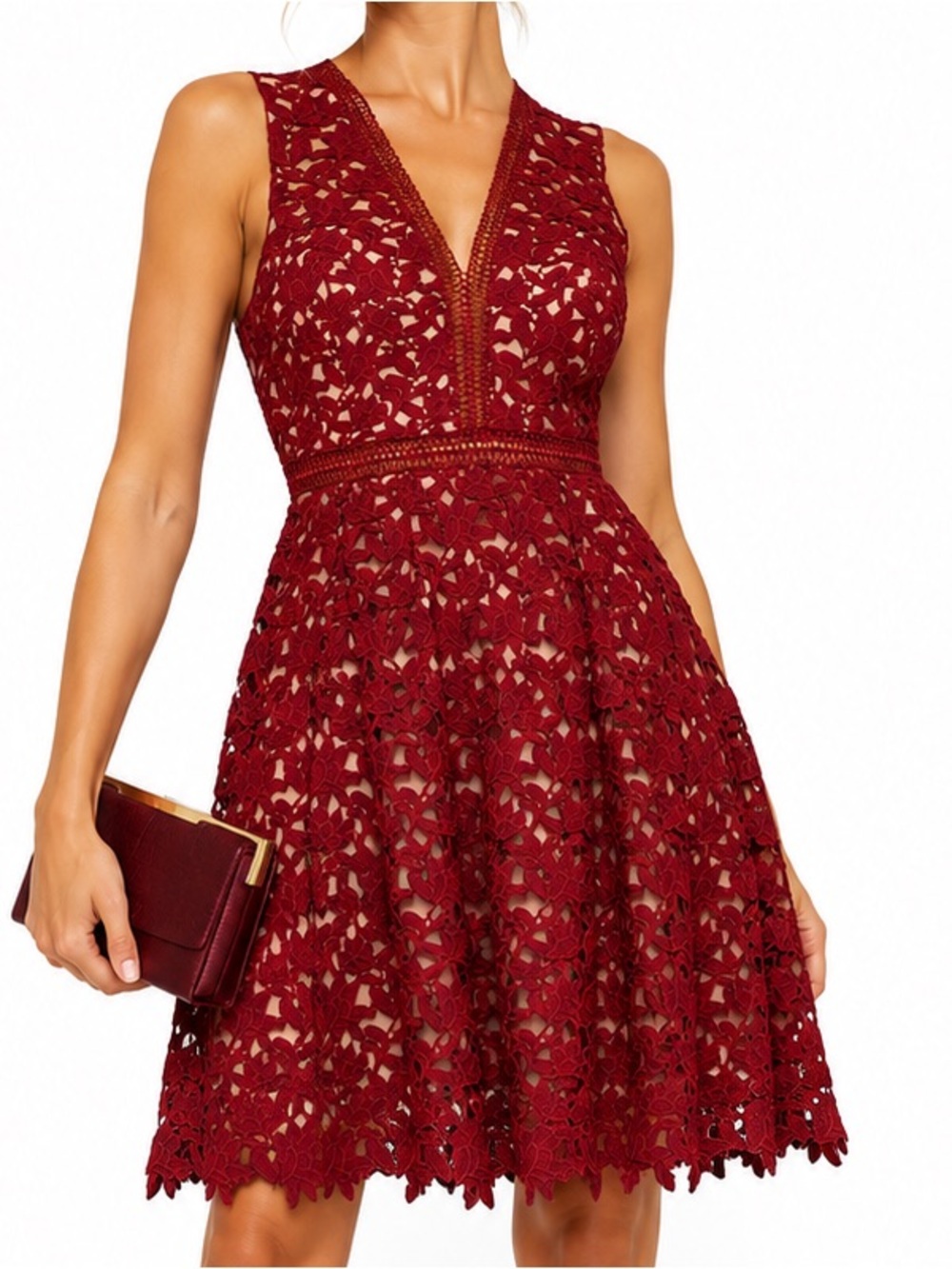 Atelier cocktail/party dress, lace, lined, Sz S-M, rich burgundy, fit and flare